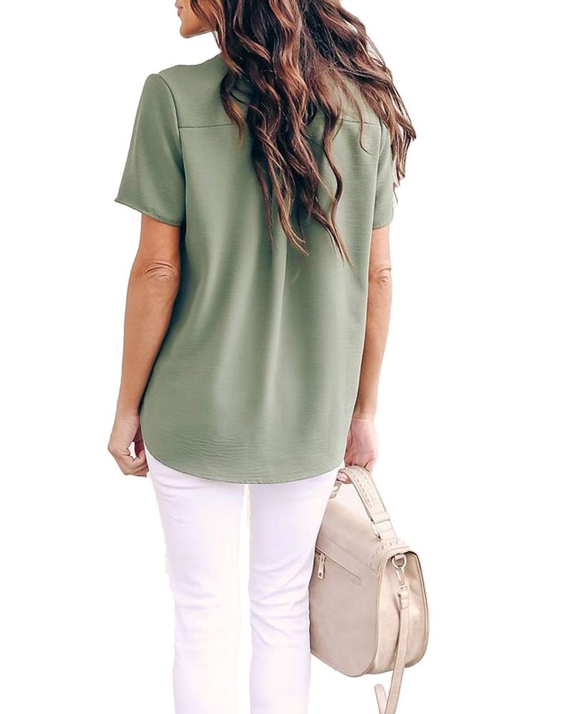 Allimy Women Summer Short Sleeve Shirt Tunic Tops 2026 Trendy Chiffon Blouses Pastel XL Army - Image 4
